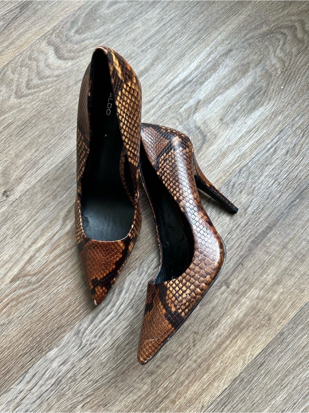 Aldo Snakeskin Print Pointed Toe Stiletto Heels Women’s Size 7.5 Brown Pumps - Picture 2 of 12